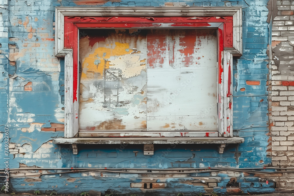 Naklejka premium A deteriorating building with a shattered window, showing signs of neglect and disrepair, mockup