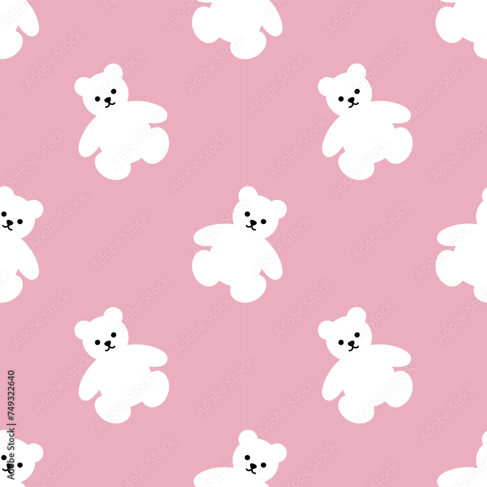 Seamless children's pink pattern with white cute polar little bear toy. Cartoon character. Vector pastel nursery background for textile, fabric, wallpaper, wrapping, newborn apparel.