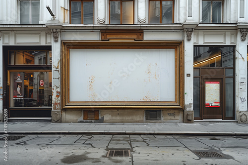 A building with a prominent white advertising frame in front of it, mockup