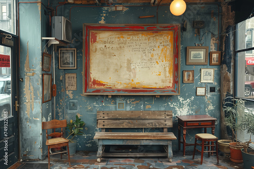 A room featuring a wooden bench with a painting hanging on the wall, mockup
