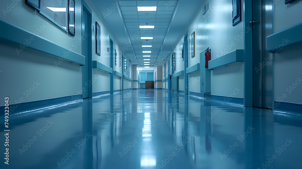 Serene Hospital Corridor with Reflective Flooring
