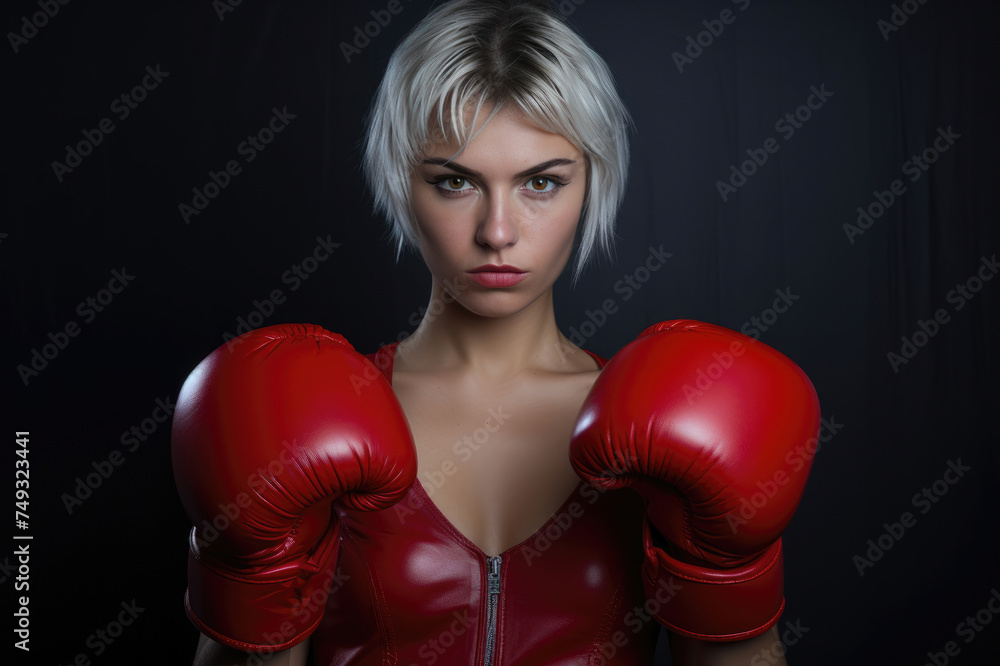 Determined young woman with striking silver hair, donning red boxing gloves and matching outfit, set against a dark background.