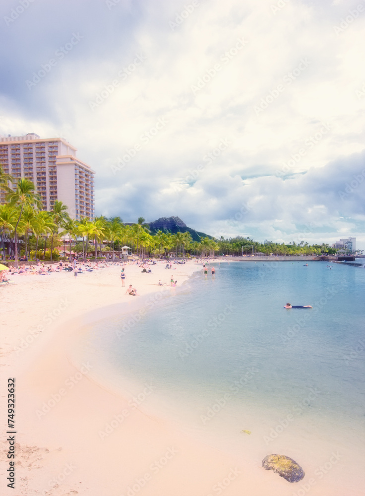 Sand, ocean and beach in Hawaii city for tropical holiday, vacation and travel destination. Nature, island and seashore, waves and water in summer weekend for location, natural background and horizon