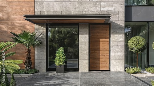 Premium entrance door with wood effect. Generative AI © Dvid