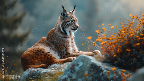 Close up portrait of European Lynx sitting and resting, generative ai photo