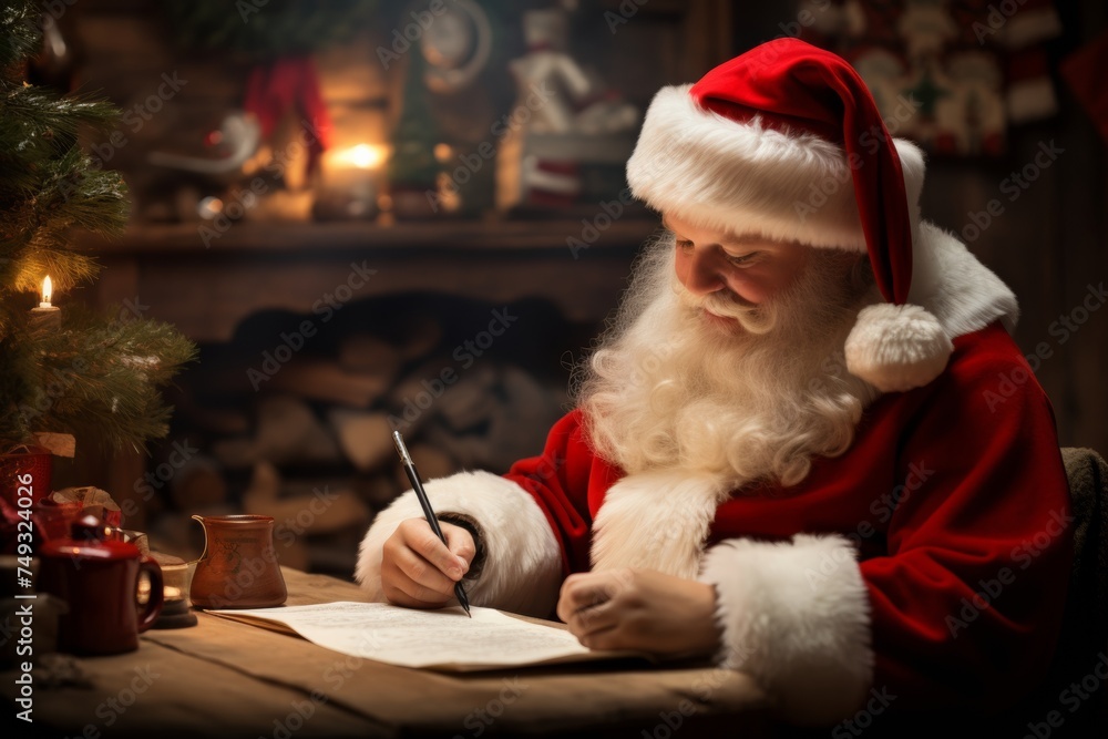 classic Santa Claus writing a list of good and bad behaved kids near fireplace. Christmas tradition. classic Santa Claus writing a list of good and bad behaved kids near fireplace. Christmas tradition.