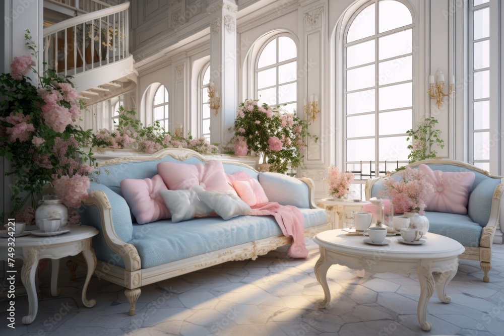 fancy living room interior in luxury shabby chic style with pastel blue color couch or sofa, pink pillows and big windows and vases with flowers, predominantly white wooden materials