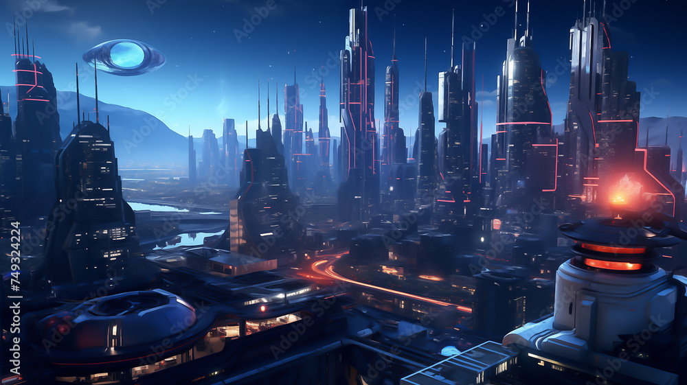 Futuristic city panorama with skyscrapers and modern buildings, showcasing how artificial intelligence shapes architectural design
