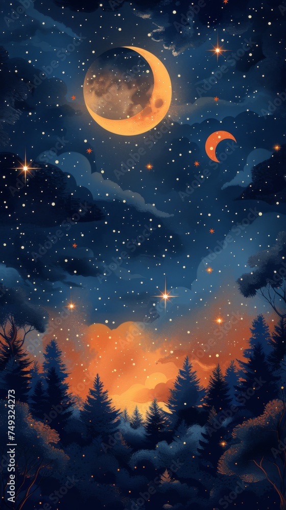 Cartoon illsutration of star night with moon and clouds, generated with AI Cartoon illsutration of star night with moon and clouds, generated with AI