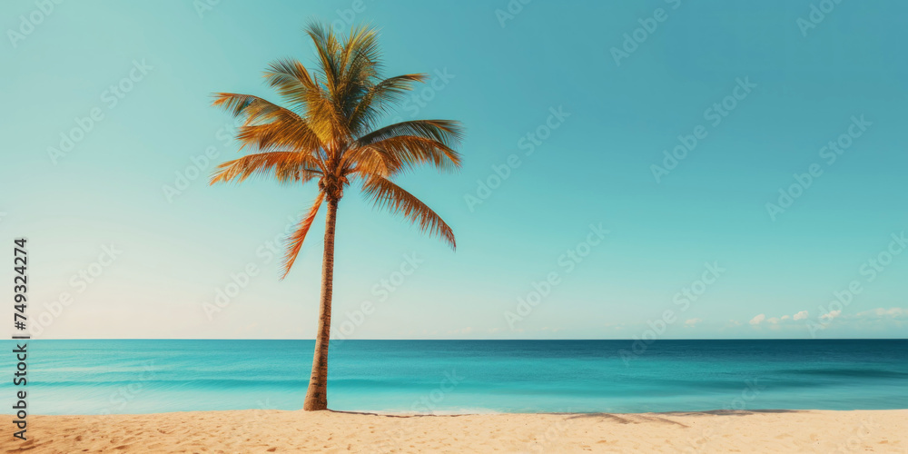 Fototapeta premium Palm on a sunny tropical sea shore under turquoise sky. Vacation concept. Generative AI