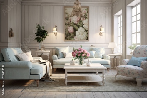 fancy living room interior in luxury shabby chic style with pastel blue color couch or sofa and big windows, predominantly white wooden materials photo