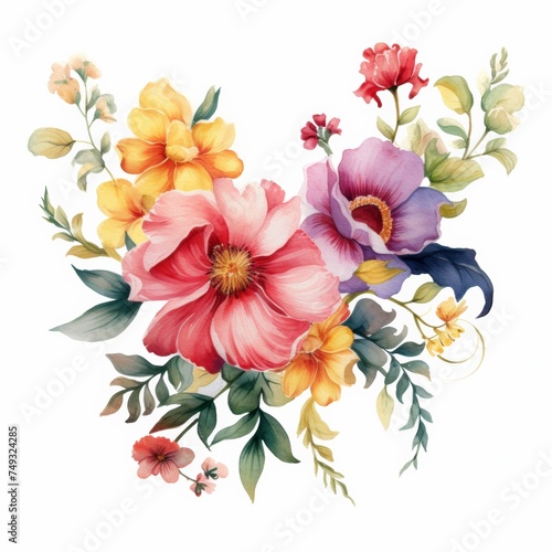 watercolor spring colorful flowers illustration isolated on white background