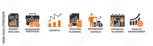 Financial strategy banner web icon vector illustration concept with icon of budget analysis, investment portfolio, growth, taxation planning,retirement savings, financial planning, wealth management