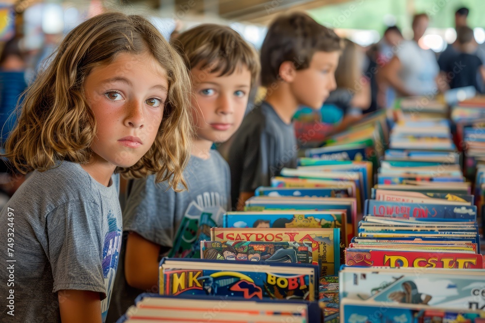 Curious Children Browsing Through Books at a Public Book Fair with Various Titles Curious Children Browsing Through Books at a Public Book Fair with Various Titles