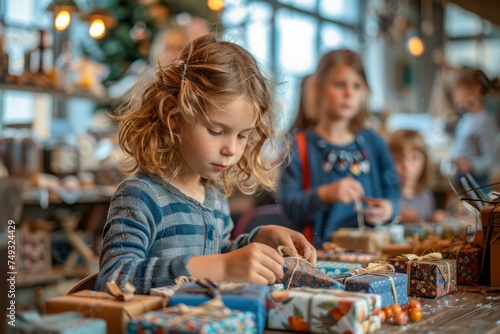 Young Girl Focused on Wrapping Presents at a Festive Craft Table During Holiday Season