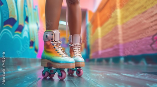 Close up photo of woman's body part. Legs wearing cute sweet with shoelaces four wheeled roller blades isolated tanned bright vivid background, generated with AI