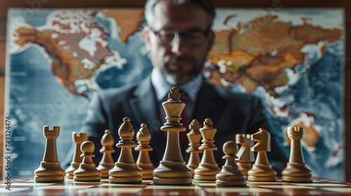 Strategic leader with chess piece in front of world map, planning global business moves.