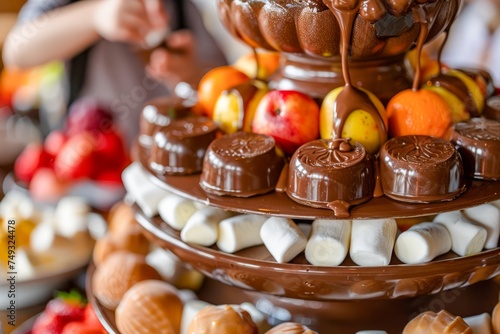 Decadent Chocolate Fountain Display with Assorted Dipping Treats at a Party or Buffet photo