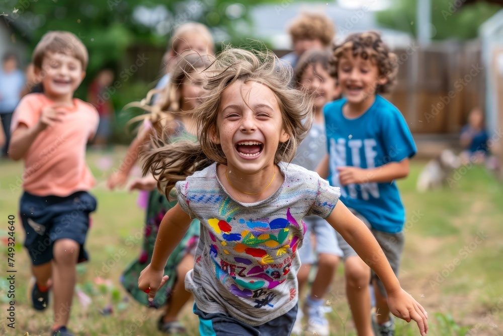 Happy Children Running and Laughing in Summer Outdoor Activity - Joyful Childhood Concept Happy Children Running and Laughing in Summer Outdoor Activity - Joyful Childhood Concept