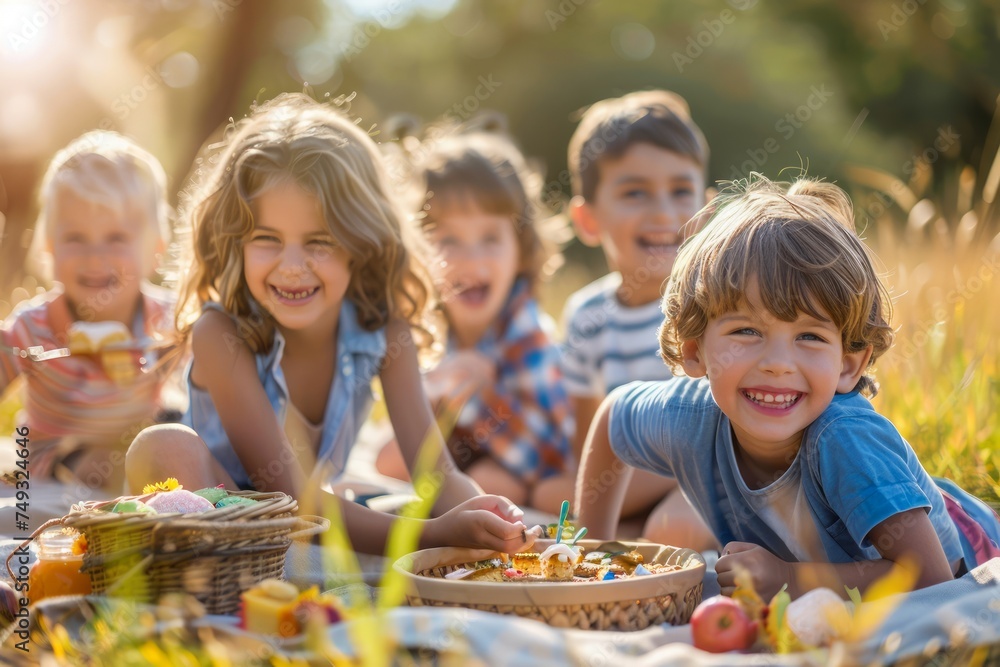 Group of Diverse Children Enjoying Picnic in Sunlit Park with Fresh Fruits and Pastries on a Sunny Day Group of Diverse Children Enjoying Picnic in Sunlit Park with Fresh Fruits and Pastries on a Sunny Day