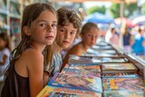 Group of Children Browsing Comic Books at a Street Market Stall, Summer Day, Kids Reading Interest