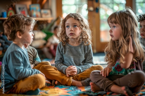 Group of Preschool Children Engaged in Indoor Activity, Sitting and Interacting on Playroom Floor with Expressive Faces