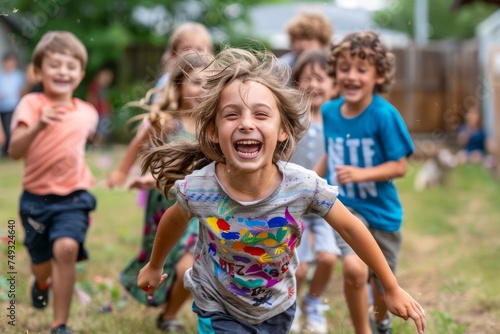 Happy Children Running and Laughing in Summer Outdoor Activity - Joyful Childhood Concept