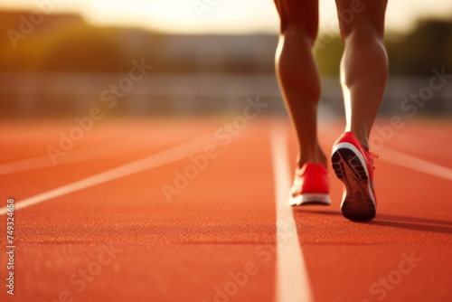 feet of person in running shoes on track on stadium in the morning. Marathon distance run. Sports and hobby. Healthy lifestyle and jogging activity. 