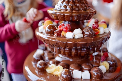Delicious Chocolate Fondue Fountain with Variety of Fruits and Sweets at a Party photo