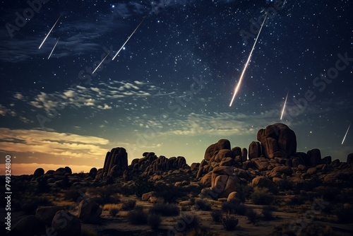 meteor shower watch night. Shooting star in the blue sky in nature. Hiking and watching stars hobby.make a wish.