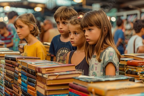 Group of Concentrated Children Exploring Various Books at a Busy Marketplace, Engaged in Literature Selection