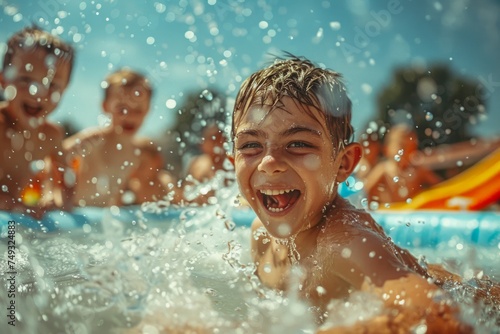 Joyful Child Splashing Water in Outdoor Pool on Sunny Day with Friends Enjoying Summer Fun