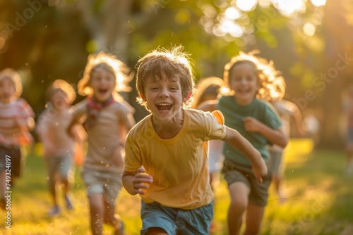 "Happy Children Playing and Laughing in Golden Sunset Light Outdoors in a Park"
