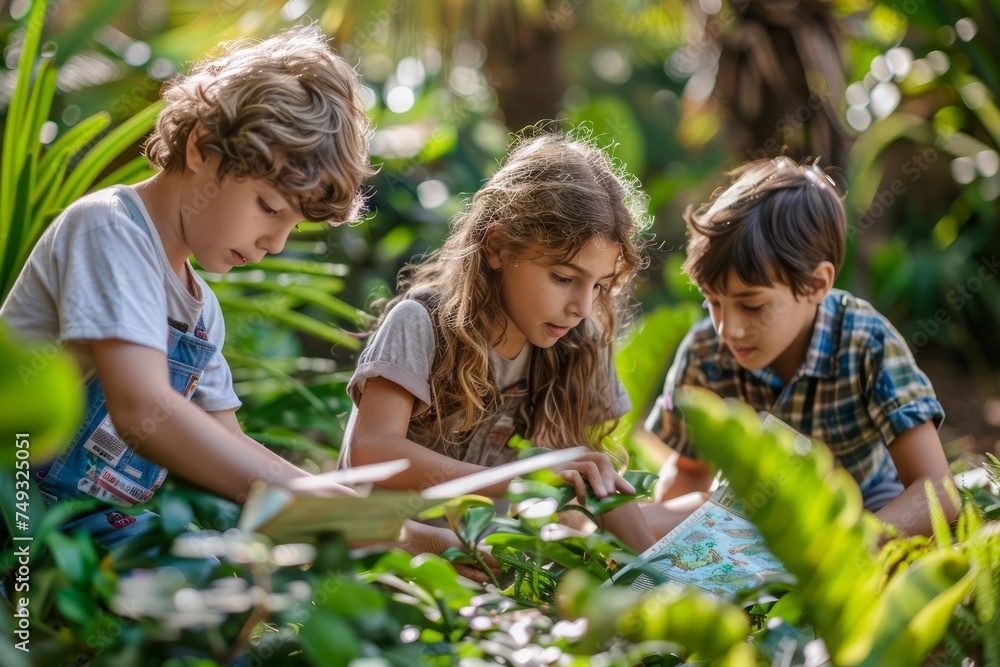 Fototapeta premium Three Young Children Engaged in Reading and Learning Together Outdoors in a Lush Garden