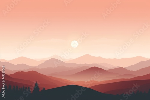 minimal sunrise or sunset in the mountains flat pastel beige peach color illustration. Peach fuzz trendy color.