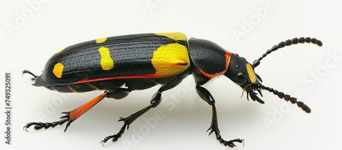 A black and yellow blister beetle with yellow spots crawling on a plant stem in its natural habitat. The beetles distinctive coloring serves as a warning to predators due to its ability to produce photo