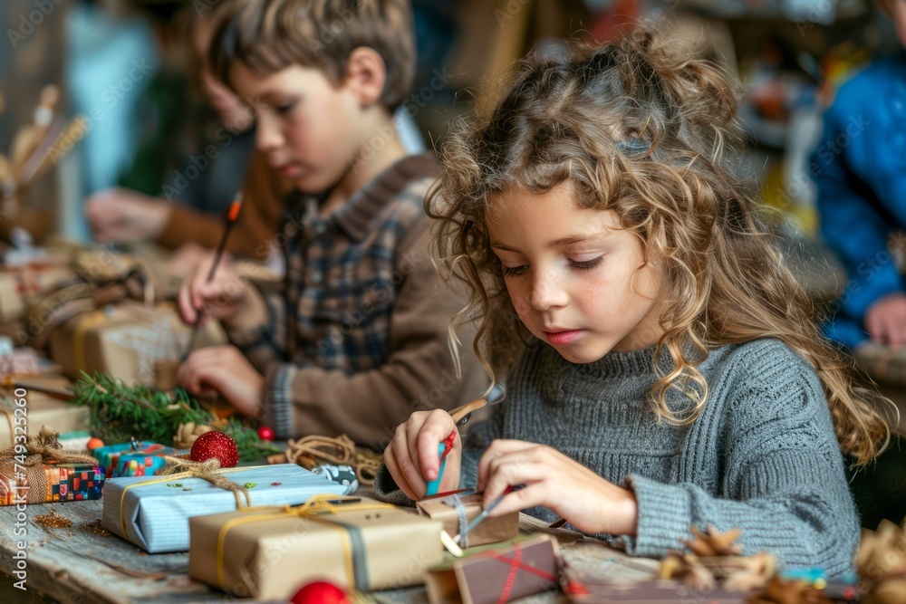 Group of Children Enjoying Arts and Crafts, Making Decorations and Gifts in a Festive Workshop Environment Group of Children Enjoying Arts and Crafts, Making Decorations and Gifts in a Festive Workshop Environment