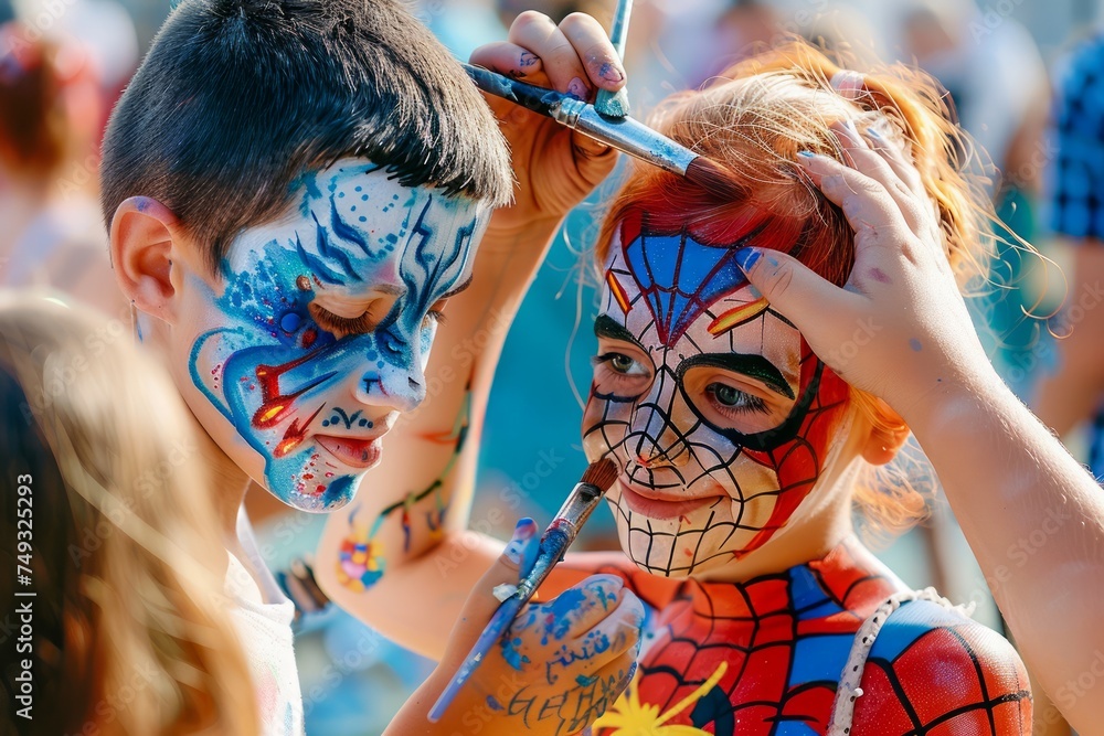 Obraz premium Kids Enjoying Face Painting at Outdoor Festival with Artistic Designs and Vibrant Colors
