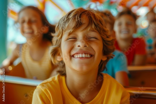 Joyful Boy Enjoying a Carousel Ride with Friends at Amusement Park, Bright Summer Day Fun