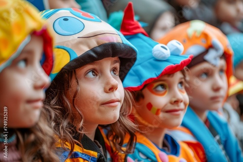 Group of Children in Colorful Costumes Enjoying a Festive Event with Excitement and Anticipation on Their Faces