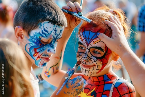 Kids Enjoying Face Painting at Outdoor Festival with Artistic Designs and Vibrant Colors photo