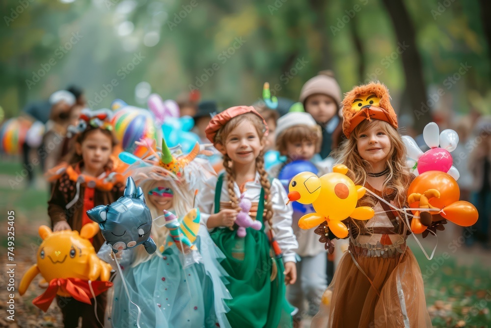 Group of Joyful Children in Colorful Costumes Celebrating at Outdoor Autumn Festival with Balloon Animals