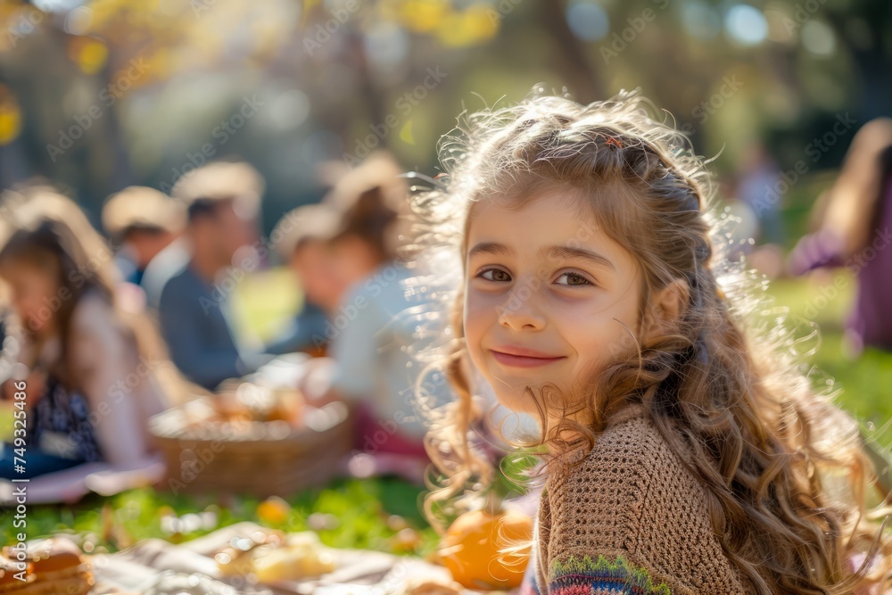 Smiling Young Girl Enjoying a Sunny Day at a Family Picnic in the Park with People and Food in the Background Smiling Young Girl Enjoying a Sunny Day at a Family Picnic in the Park with People and Food in the Background