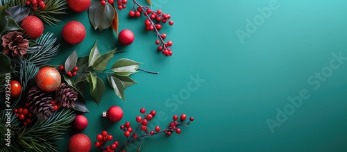 A vibrant green background adorned with clusters of bright red berries and lush green leaves, showcasing a festive Christmas holiday and seasonal arrangement.