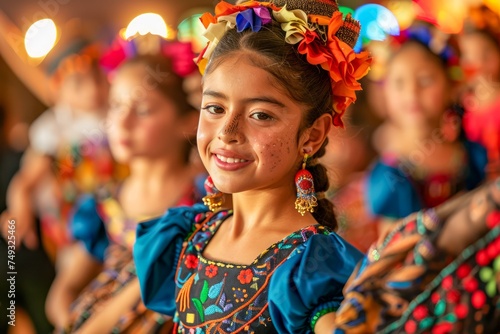 Smiling young girl in traditional dress with flowers in her hair at cultural festival with vibrant colors and bokeh lights