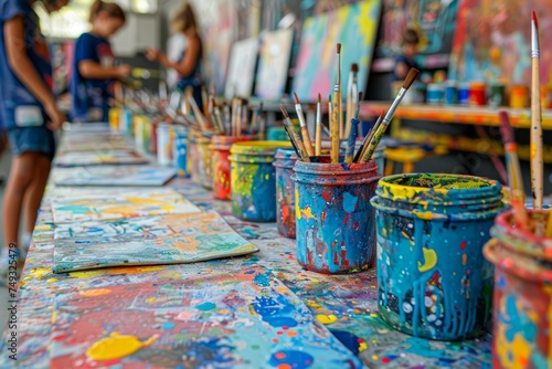 Vibrant Paint Cans and Brushes on Color Splattered Table in Art Workshop with People in Background