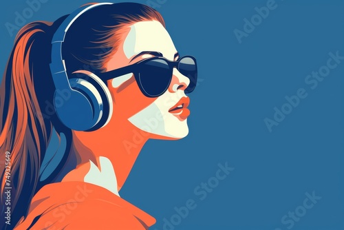 beautiful caucasian woman in sunglasses and headphones flat illustration. Optics eyewear salon or music store poster. Confident woman, retro fashion and style.