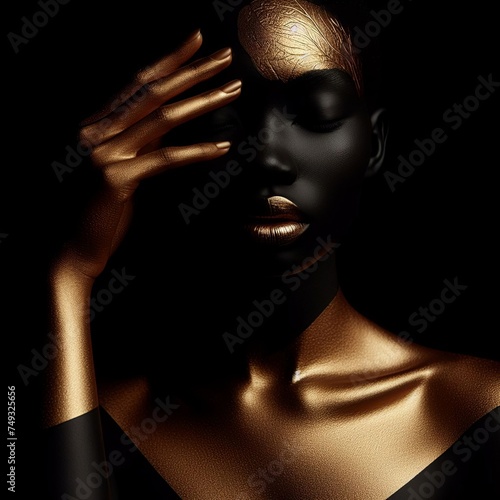 Fashion art portrait of a beautiful woman with golden skin.  