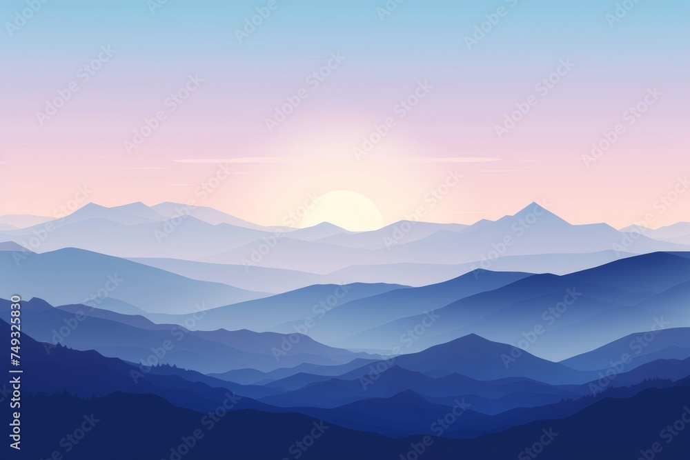 minimal sunrise or sunset in the mountains flat blue and lilac pastel color illustration minimal sunrise or sunset in the mountains flat blue and lilac pastel color illustration