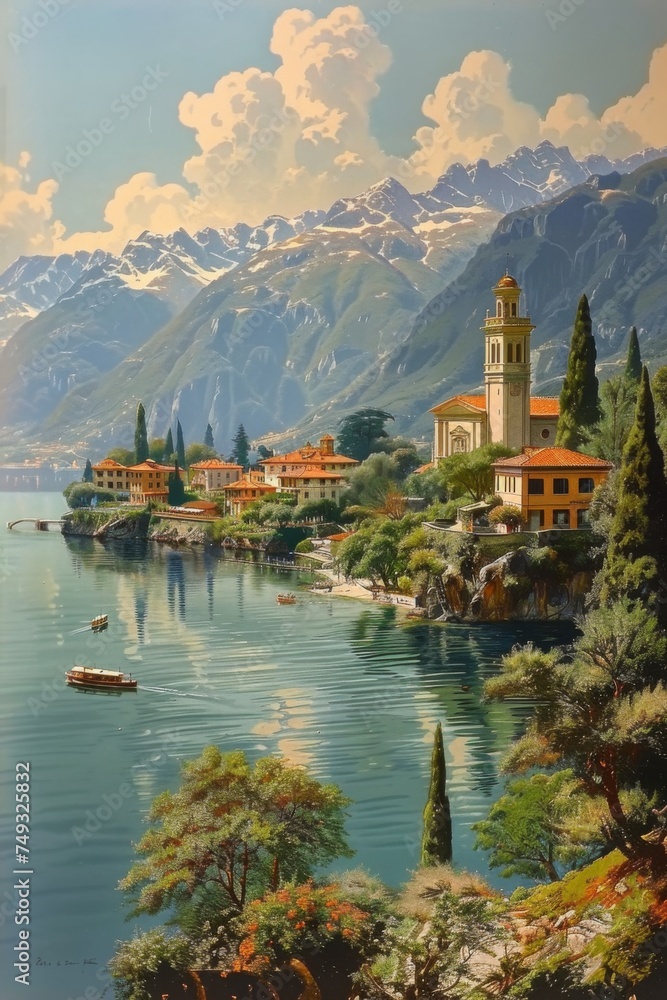 Mid century vintage travel poster for Lake Como, Italy, in foreground, mountains background, generated with AI